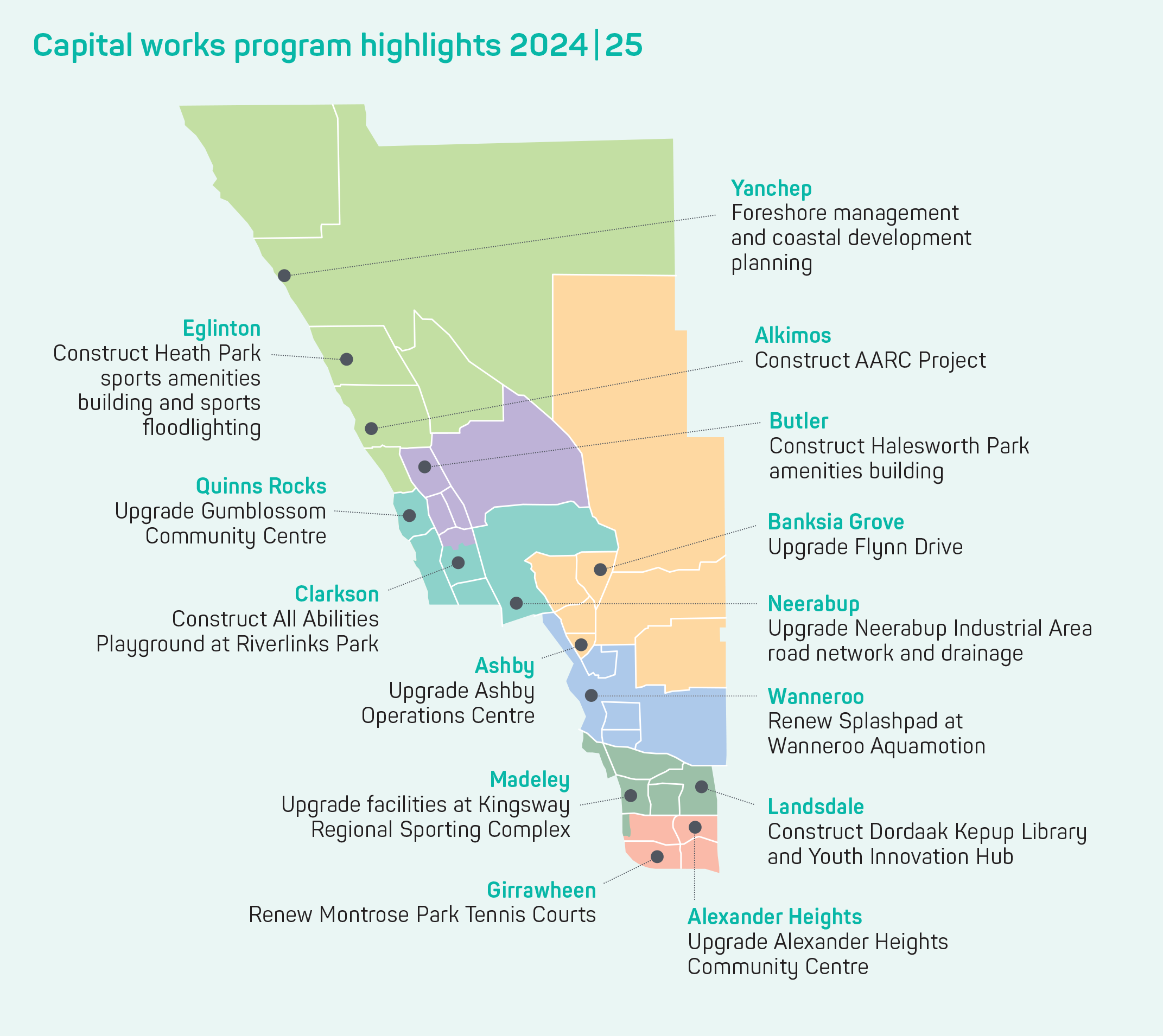 Map of the City of Wanneroo showing highlights of the 2024/25 Capital Works Program.