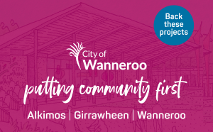 A campaign graphic that reads 'putting community first: Alkimos, Girrawheen, Wanneroo'.