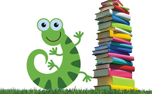 Illustration of a chameleon and pile of books