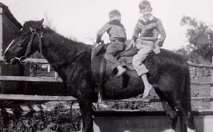 Black and white photo of children sitting on a horse