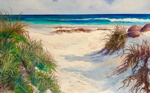 A pastel piece of art showing a beach